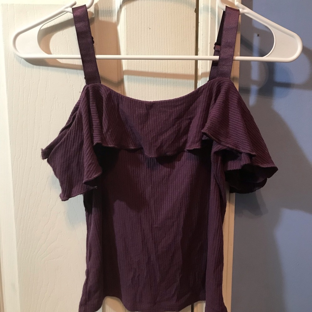 purple off the shoulder shirt